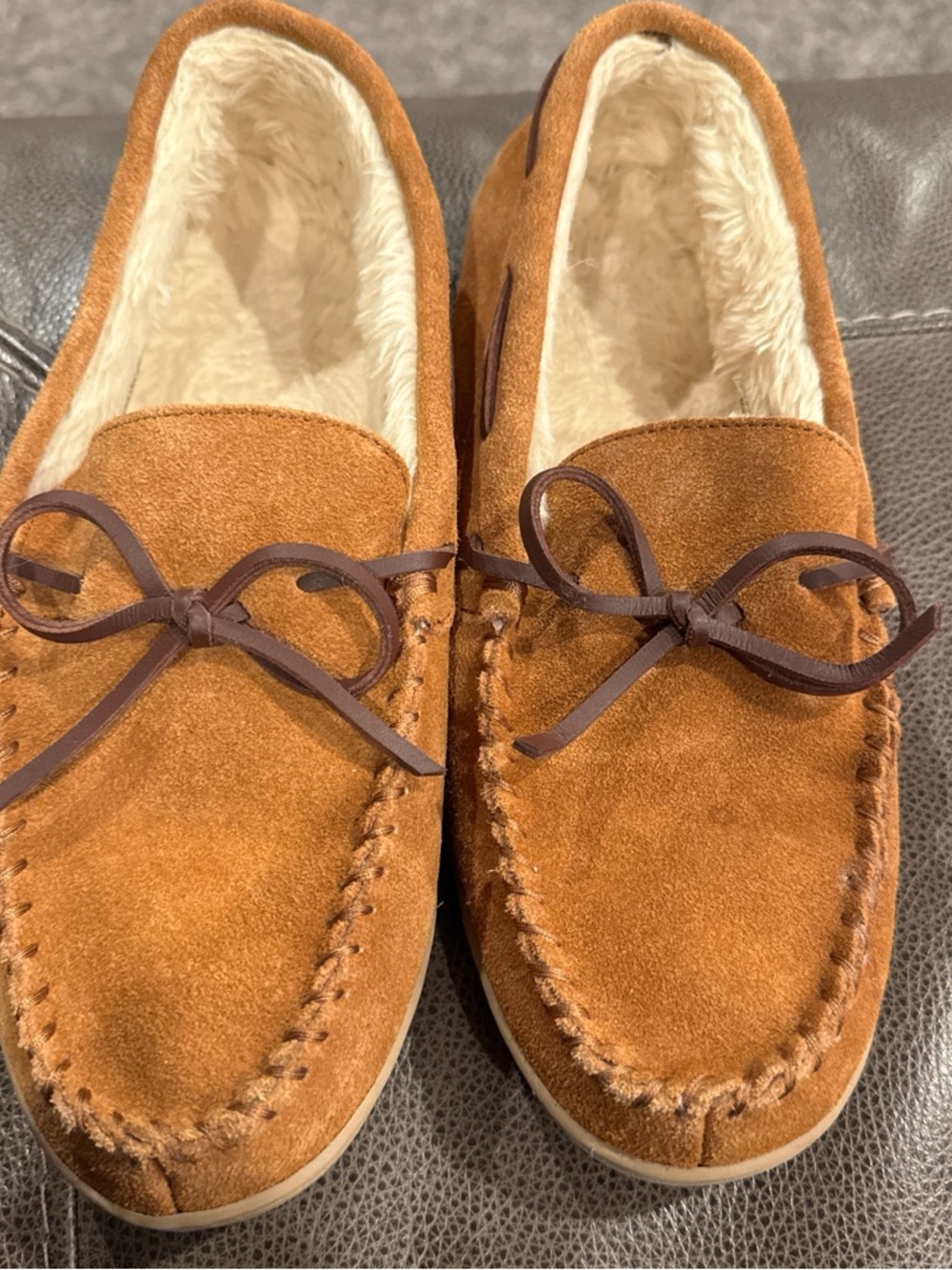 J. Crew Men's Suede Moccasin Slippers in Chestnut